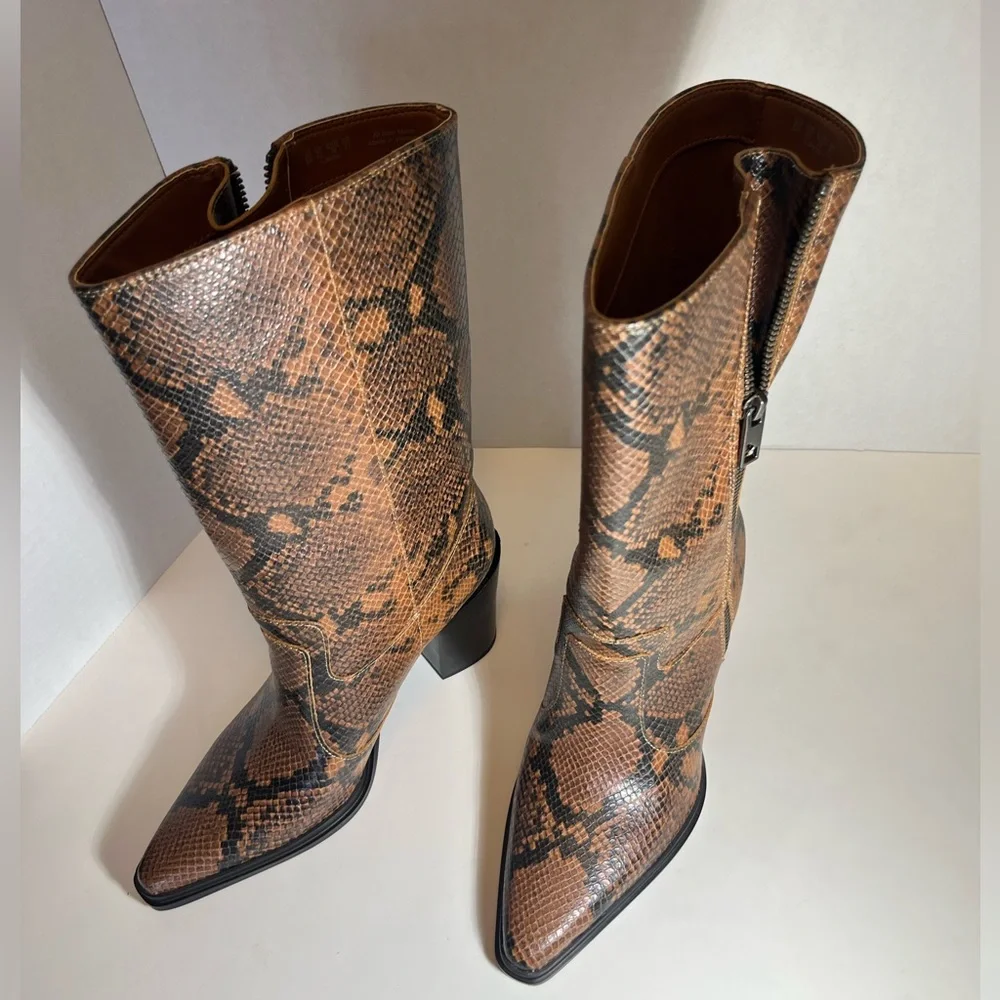 Women’s Handmade Franco Sarto Tan Black Snake-Print Ankle Calf Boots New In Box - Picture 7 of 9